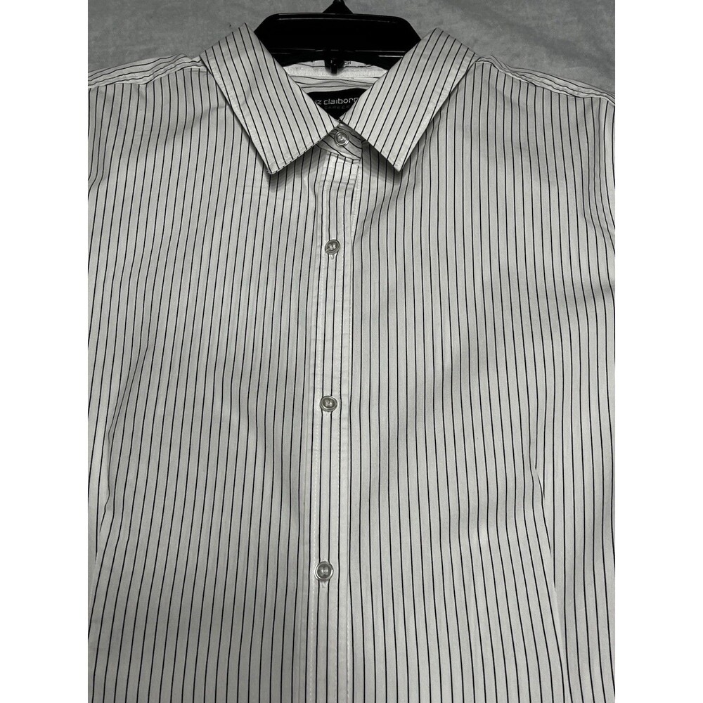 Liz Claiborne White Pinstripe Button Up Collared Short Sleeve Blouse Shirt Large - Picture 7 of 8